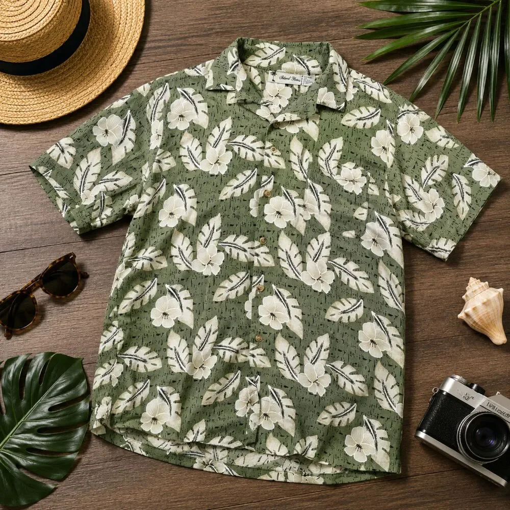 Island Hawaiian Men's Shirt Size Large Green/White Palm Trees Button Up (374m)